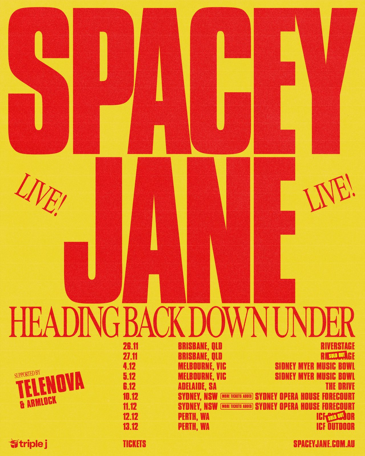 Spacey Jane Heading Back Down Under tour poster on yellow background with dates in Brisbane, Melbourne, Adelaide, Sydney, and Perth.